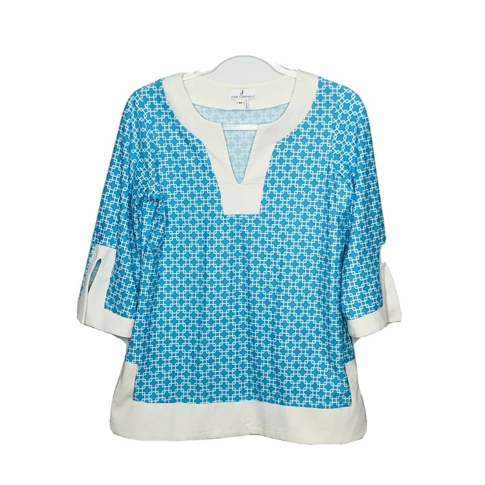 Jude Connally Teal Blue White Geometric Tunic M